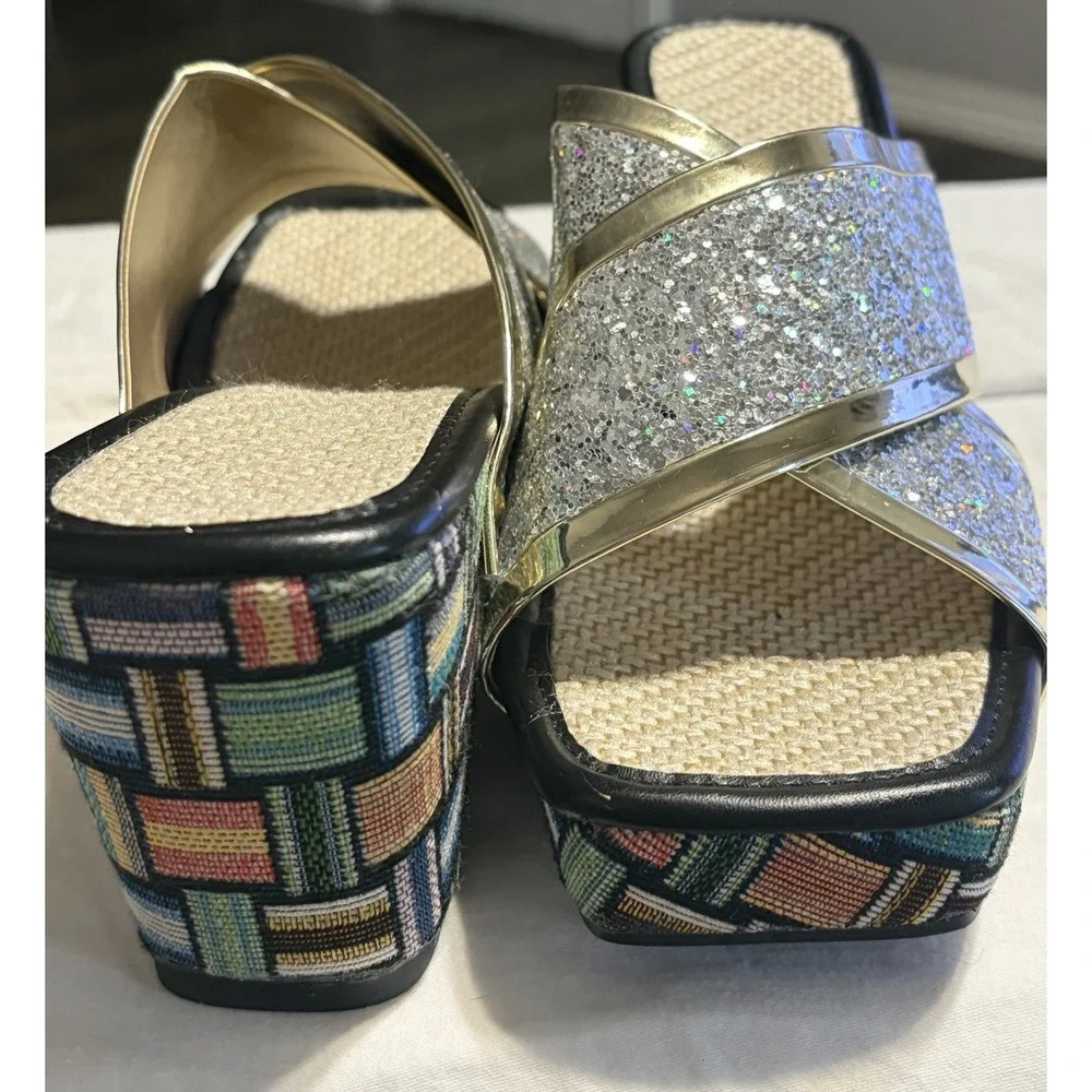 Glitter Slide Sandals Geometric Multicolor Silver Block Heel Straps Women's 7